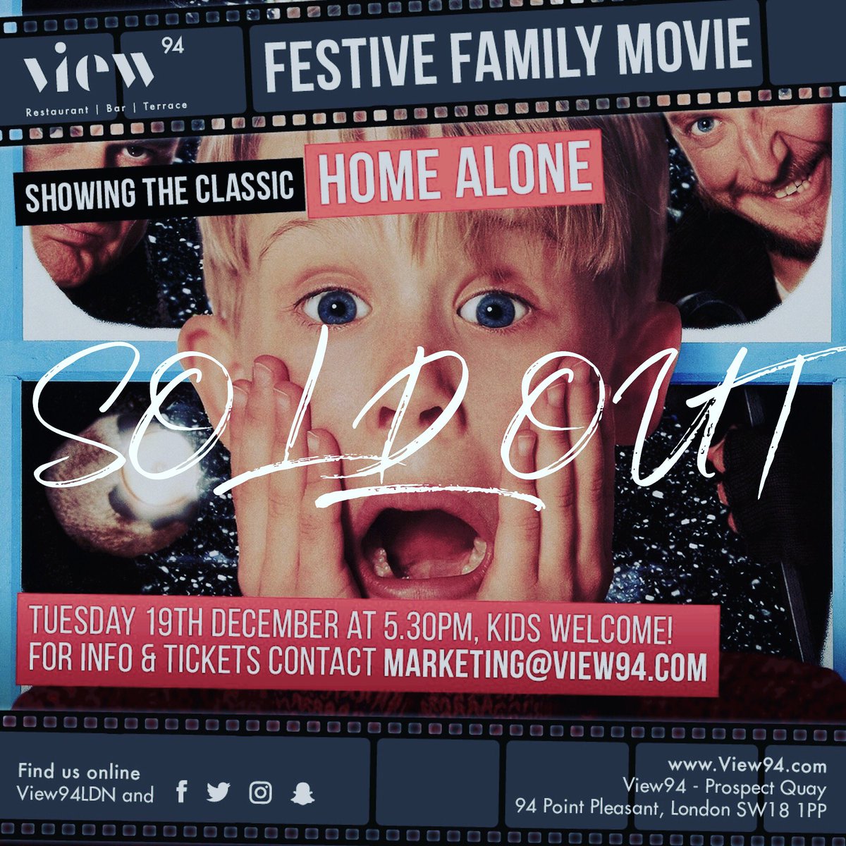 View94LDN's tweet photo. Wow! Our #HomeAlone showing is SOLD OUT! There are still some spaces left for #ELF which is being shown tomorrow at 8.30pm. Ticket info and details can be found by clicking the link in our bio, or email marketing@view94.com #View94 #ChristmasFilm #Putney #Wandsworth https://t.co/nHHmBZGf52