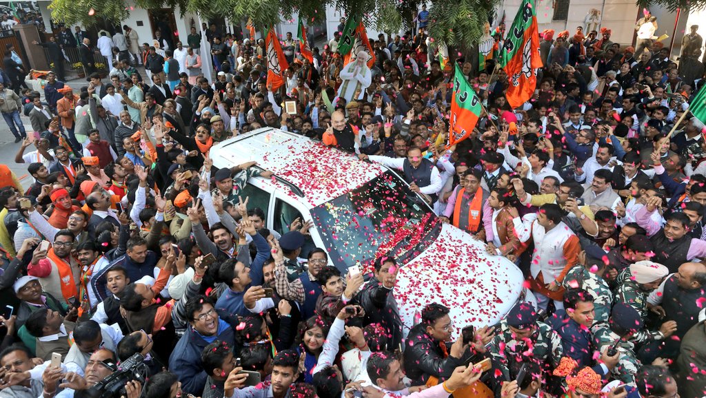 AmitShah's tweet photo. Pictures of celebration at BJP HQ, New Delhi. https://t.co/W7iJRNSZww
