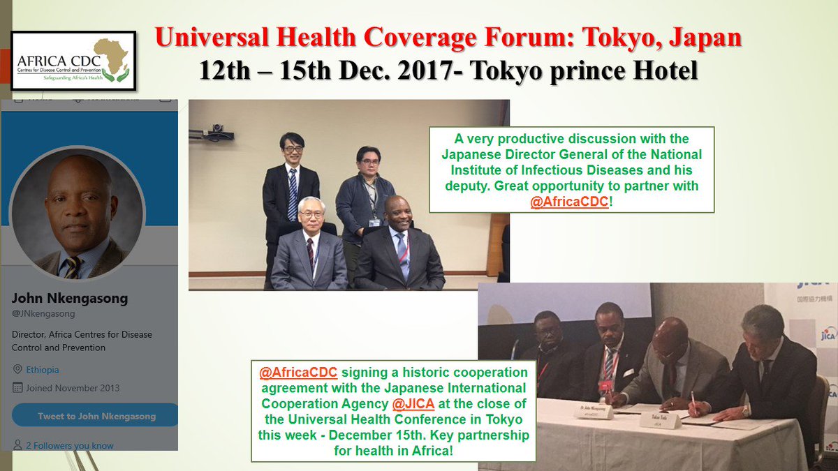 PromesseCKaniki's tweet photo. About #last_week... 1/2 @AfricaCDC
#Nigeria& #DRC's Ministers of Health, both board members of AfricaCDC witnessing the signing of the partnership between AfricaCDC and the Japanese Cooperation Agency. Both ministers exercise strong leadership & commitment at the UHC Conference! https://t.co/lmXvzMO13v