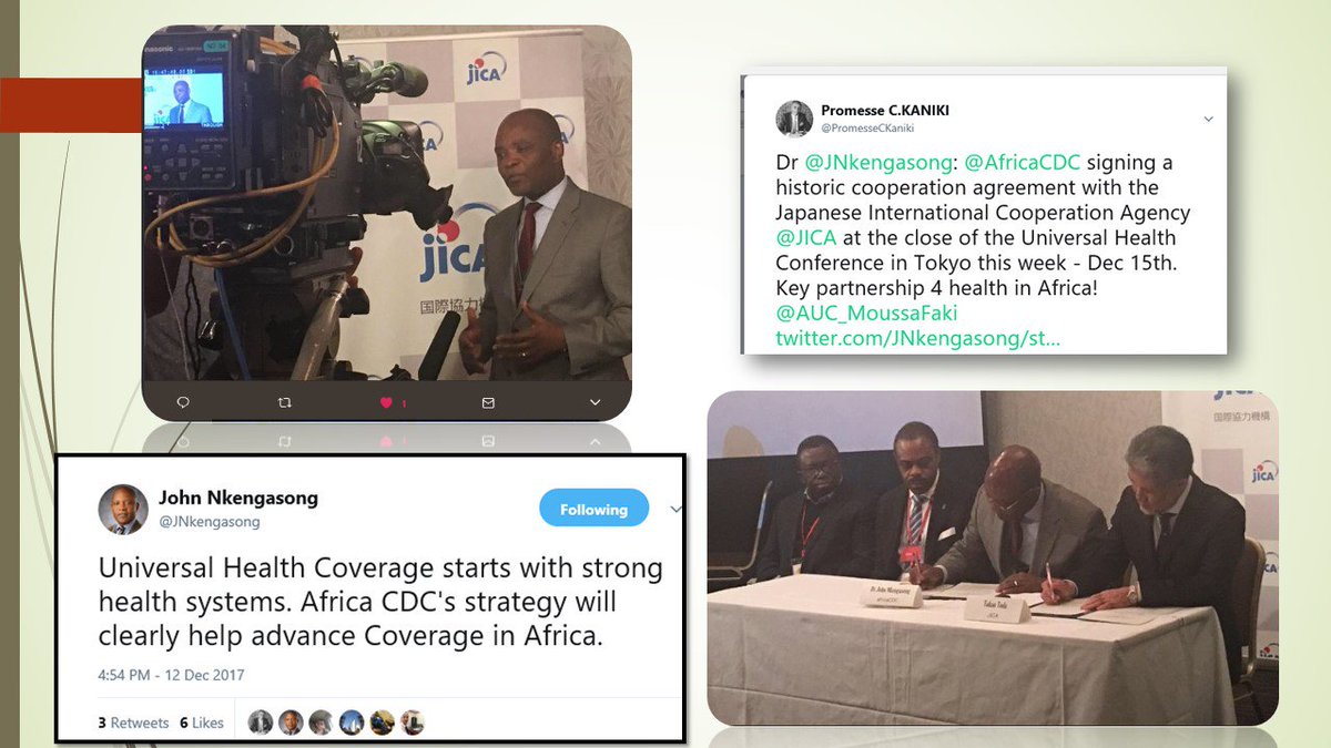 PromesseCKaniki's tweet photo. About #last_week... 1/2 @AfricaCDC
#Nigeria& #DRC's Ministers of Health, both board members of AfricaCDC witnessing the signing of the partnership between AfricaCDC and the Japanese Cooperation Agency. Both ministers exercise strong leadership & commitment at the UHC Conference! https://t.co/lmXvzMO13v