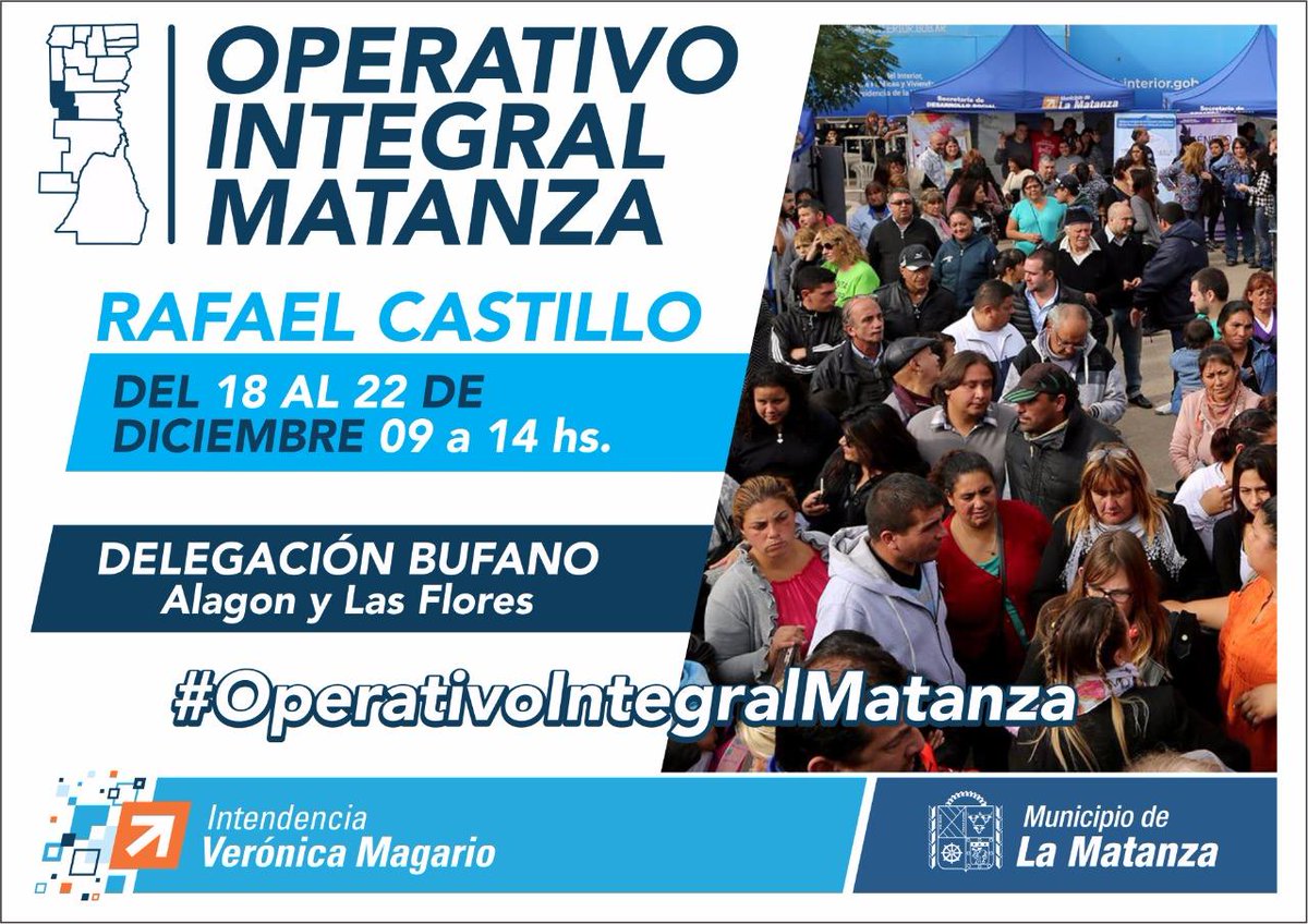 LaMatanzaMunic's tweet photo. ¡Arrancamos con el #OperativoIntegralMatanza de #RafaelCastillo! Estamos entre las calles Jorge Alagon y Las Flores. Vení de 9:00 a 14:00 horas, te esperamos hasta el viernes para que vengas a realizar tus tramites. 📋 https://t.co/jKA1wn7UqI