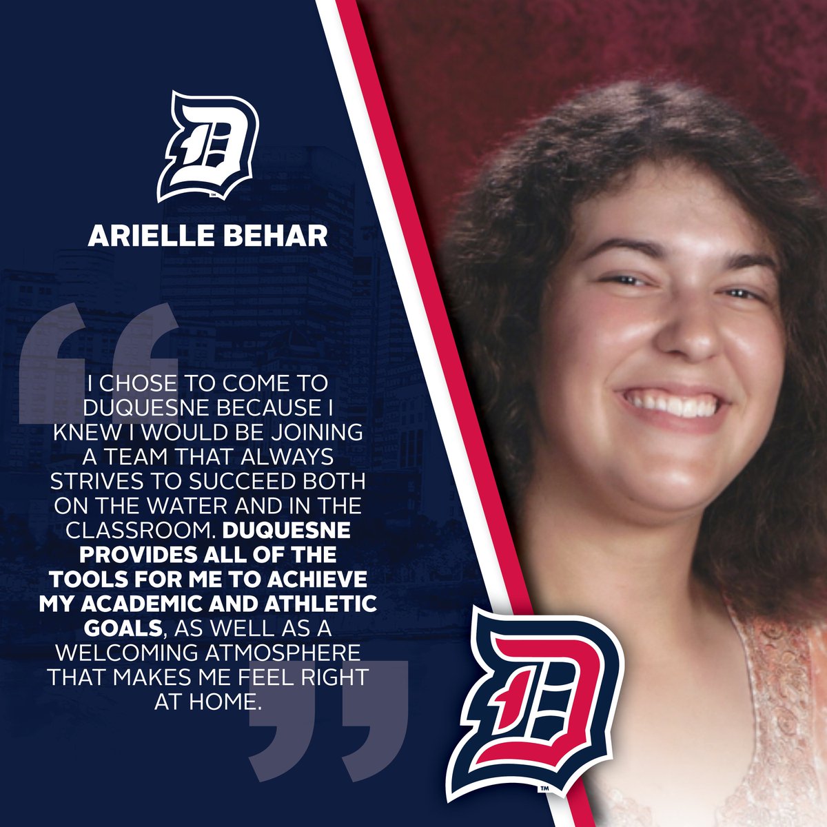 DuqWRow's tweet photo. This week's #FeaturedFreshman is Arielle Behar! Please help us welcome her to our 2018-2019 Freshman class and Duquesne's class of 2022! We look forward to having you on campus, Arielle! #greatdaytobeaduke https://t.co/bFaSS3wkWW