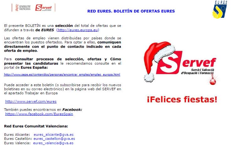 Arlette_Mo's tweet photo. Bon día!
Ya puedes consultar en la web del #SERVEF nuestros boletines de ofertas #Eures del mes de diciembre.
Los encontraréis en: https://t.co/l0K2gKB5P6
Un saludo y felices fiestas! https://t.co/6l2nyBsxZg