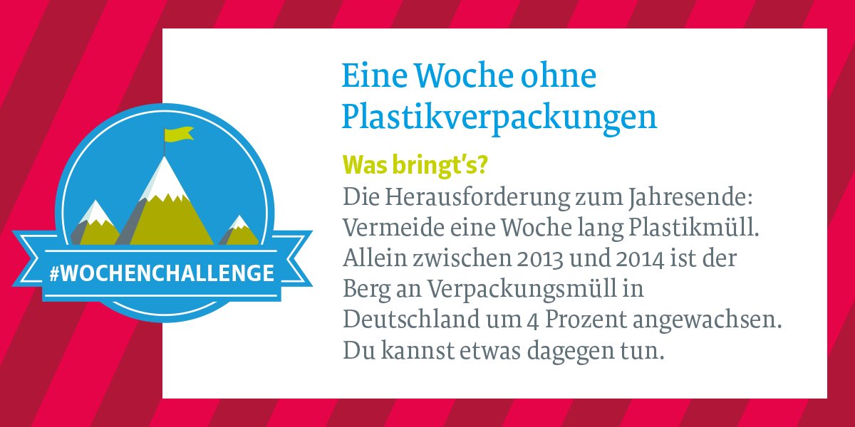 nachhaltigjetzt's tweet photo. Unsere letzte #Wochenchallenge in diesem Jahr wird richtig knifflig: eine Woche ohne Plastikverpackungen. Wer wagt sich heran? https://t.co/W8ZjK6Rkv3 💪 https://t.co/CknAA7H5dq