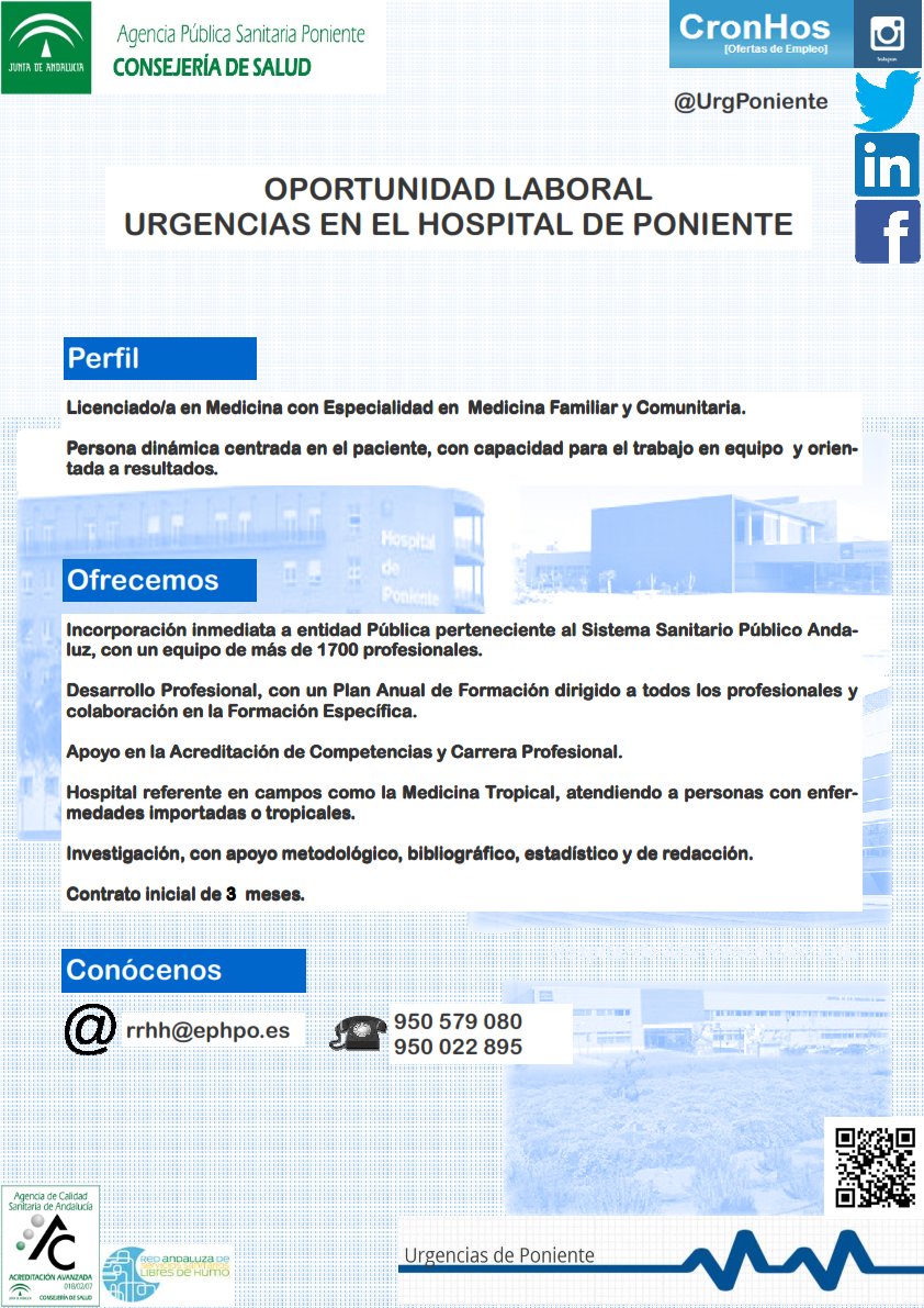 HUniv_Poniente's tweet photo. OPORTUNIDAD DE EMPLEO: Médico de Urgencias para el Hospital de Poniente (El Ejido, Almería). Más información en: https://t.co/CiR04tR77r , o en el teléfono 950579080 https://t.co/MPuz9lpON4