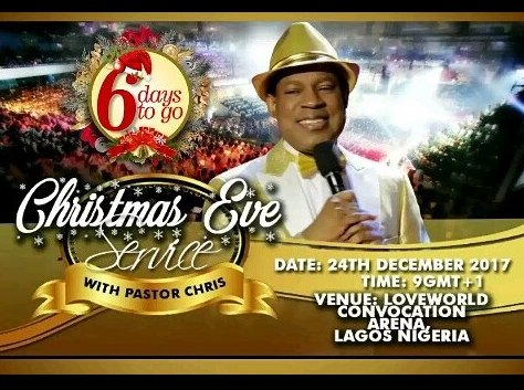 loveworldxp's tweet photo. #6DayToGo
#ChristmasEveWithPastorChris
You are the reason for the Season!
Plan to be at the Christmas Eve Service with our Man of God, Pastor Chris Oyakhilome.
Venue: The LoveWorld Convocation Arena
Date: Sunday 24th December, 2017.
Time: 9PM GMT+1
#LoveworldPlusFlourishing https://t.co/EATkuEbhbw
