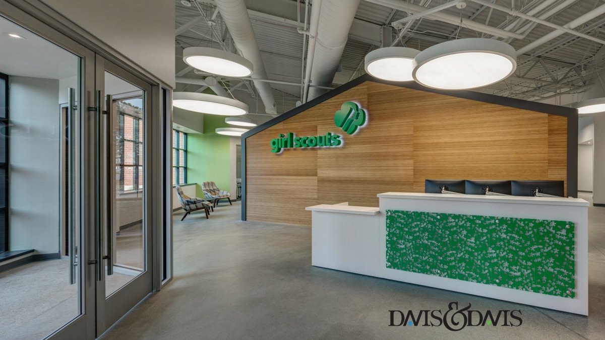 DDavisIntDesign's tweet photo. Today we feature a sneak peek at the new @GSSEM headquarters in #Detroit, designed by #DavisandDavis, featuring an indoor stand-alone cabin in the main lobby &amp; a focus on colors of the #GirlScouts brand. CC @girlscouts 
 
Learn more about Davis &amp; Davis at https://t.co/80wCu3yn8Q https://t.co/ZF6gqL6CJG