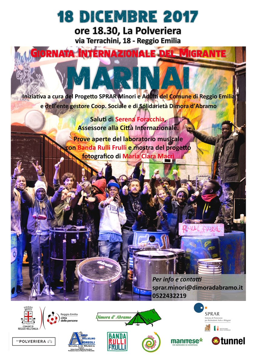 Oggi LUNEDì 18 DICEMBRE è data una importante! È la GIORNATA INTERNAZIONALE DEL MIGRANTE e noi Rulli Frulli vogliamo onorarla con un concerto.. E che concerto!!!

<a href="/LaPolveriera_RE/">La Polveriera</a> @ComuneRE @rete_sprar
