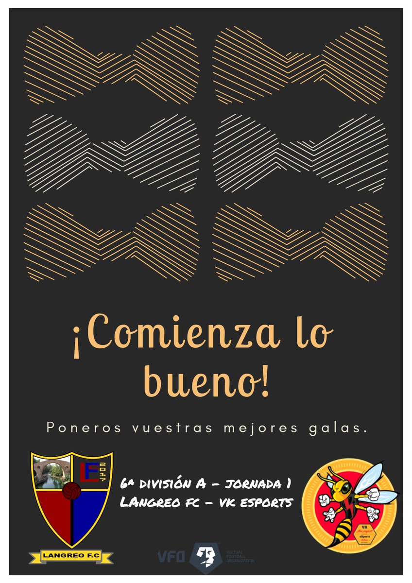 📆Lunes 18-12-2017
🕰️23.10
📍Jornada 1
🏆Sexta División A - <a href="/VFOspain/">VFO España</a> 
🏟️N.Ganzábal
🕹️PS4
🎥twitch.tv/langreo_fc

<a href="/Langreo_FC/">Langreo FC ❤️💙</a> 🆚<a href="/VK_eSports_/">🐝VK eSports🐝</a> 

#JuntosSomosMejores 🔴🔵