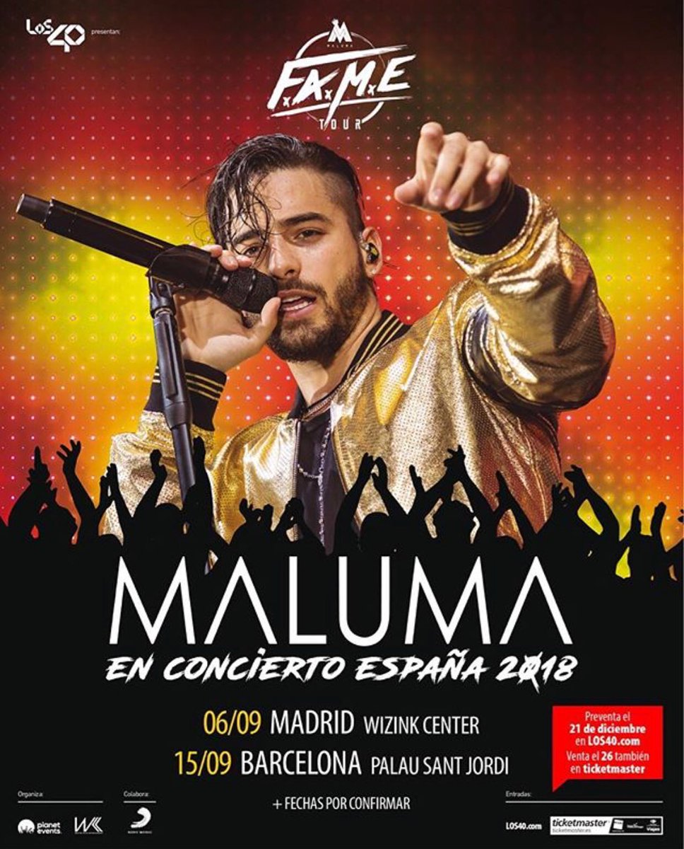 maluma's tweet photo. #España, nos vemos en el 2018 
@planetevents 
La preventa de entradas comenzará el 21 de diciembre en https://t.co/db4Uho1YX4, y a partir del 26 de diciembre también estarán disponibles en la red @ticketmasteres https://t.co/oa8VyDr43c