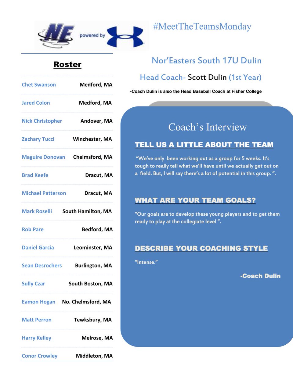 NESouthBaseball's tweet photo. Ready for another #MeetTheTeamsMonday?
Today we introduce you to 17U Dulin!
#bleedblue
#thenoreasterway https://t.co/esMevzluoe