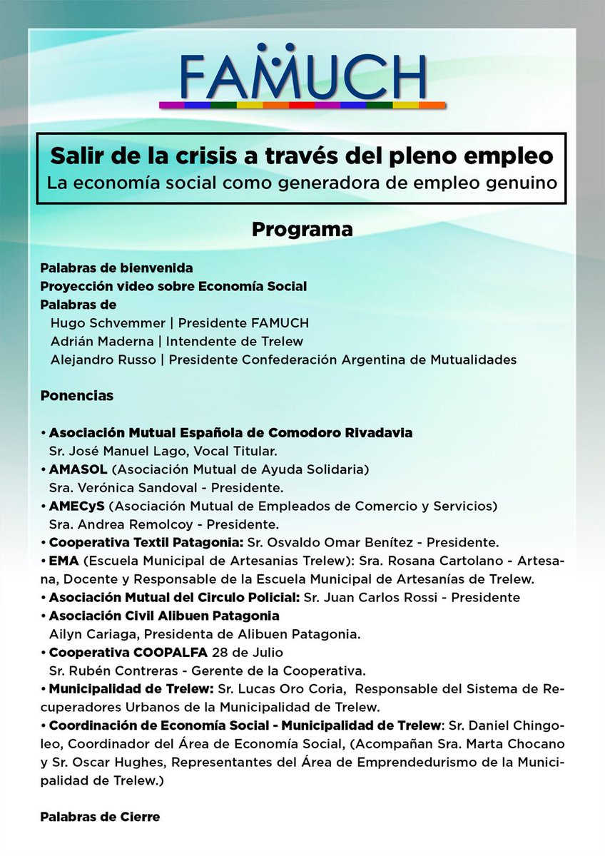 DichoAlHechoTw's tweet photo. #Evento en #Trelew: Presentación de la iniciativa "Salir de la Crisis a través del Pleno Empleo" Organiza #FAMUCH. Tod@s invitad@s! #Crisis #Empleo #EconomíaSocial https://t.co/FltyqlwXgE