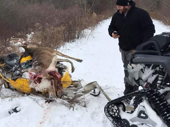 povertybayhunt1's tweet photo. This is what happens when you hit a buck at high speeds on a snowmobile, everybody was okay except the buck ,Ontario yesterday !! Be careful https://t.co/XCXD3kAMue
