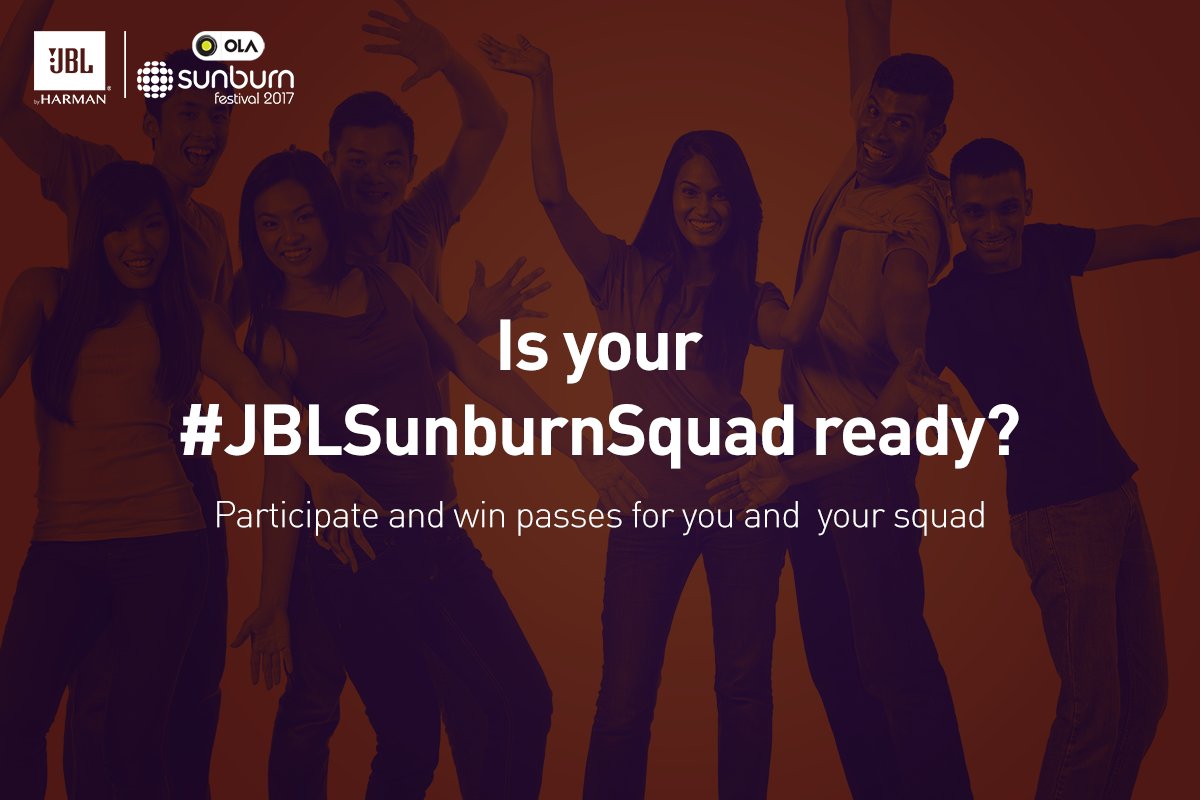 JBLSoundIn's tweet photo. #JBLSunburnSquad #Contest: Take your entire squad to sunburn, upload picture or videos of your squad (5 members) tell us why your squad deserves to be @ Sunburn 2017 &amp; 1 lucky participant will get a 4-day pass to #OLASunburnFestival17.

Like, RT &amp; Tag your squad. #ContestAlert https://t.co/Dt78IjrjDL