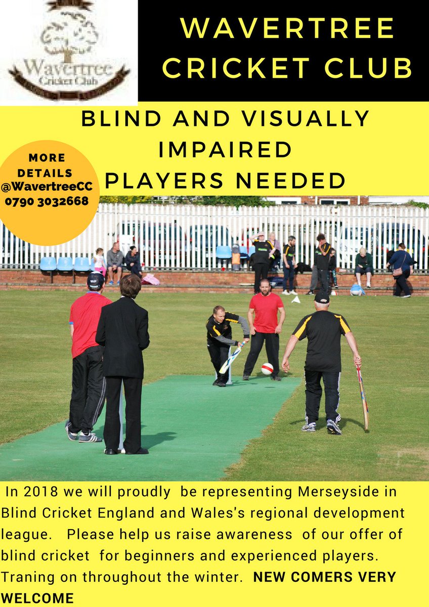 WavertreeCC's tweet photo. Pls can all clubs in M'side help spread the word - blind and VI cricket  @wavertreecc?  In 2018 laying in regional development league. https://t.co/7ITyTeUwYF