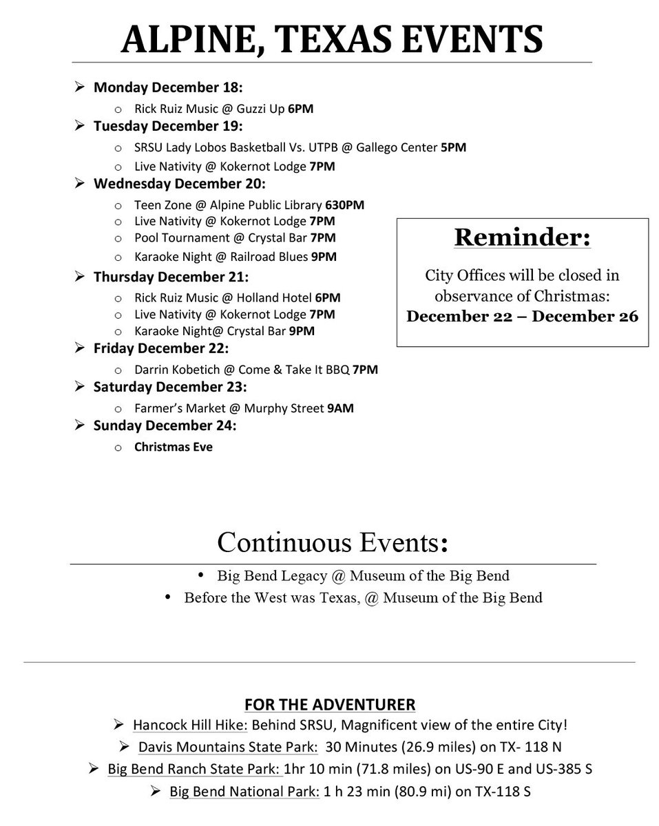 VisitAlpineTX's tweet image. Alpine's events for the week of Dec 18, courtesy of the Alpine Visitor Center! Be sure to stop in at Avenue E &amp;amp; 3rd St for the latest info when you get to town!