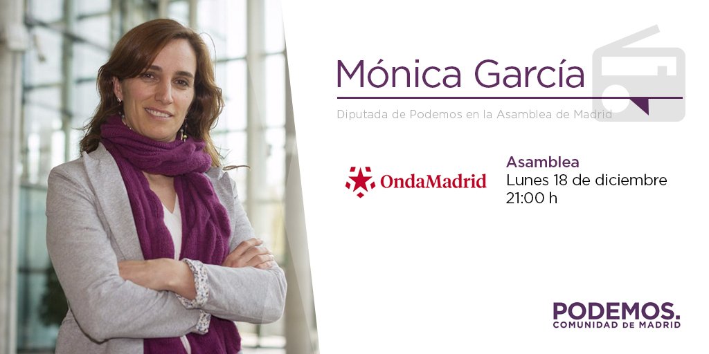 PodemosCMadrid: A las 21h nuestra diputada monicamox1 estará en Asamblea en ondamadrid debatiendo con el resto de fuerzas políticas sobre la sanidad madrileña.