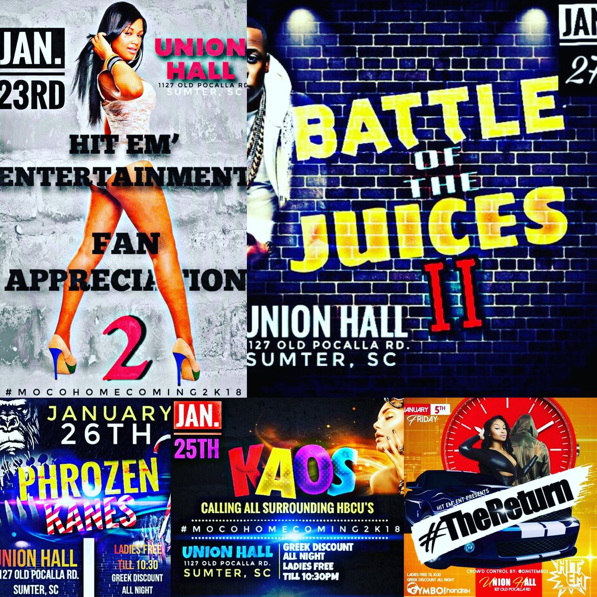 DJHITEM803's tweet photo. #MOCO THE OFFICIAL #HITEMENT BACK TO SCHOOL HOMECOMING LINEUP! #ROAD2MCHC2K18
Jan 5 - #THERETURN
JAN 23 - FAN APPRECIATION
JAN 25 - KAOS
JAN 26 - PHROZEN KANES
JAN 27 - BATTLE OF THE JUICE PT. 2 https://t.co/THmX1fkJ2E