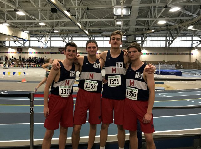 suptthomas's tweet photo. On Saturday at Winterfest in Boston the boys 4x800m relay team of Sebastian Shaw, Hugo Frost, Aidan DiDonato, and Ash Shaw set a new school record! #RCMtalk https://t.co/oelKK1fKhP