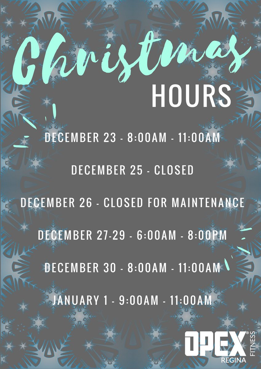 opexregina's tweet photo. Friendly reminder to all of your members - OPEX Regina holiday hours. MERRY CHRISTMAS EVERYONE!

#opexfitnessregina #christmas #holidays https://t.co/10B65phpeA