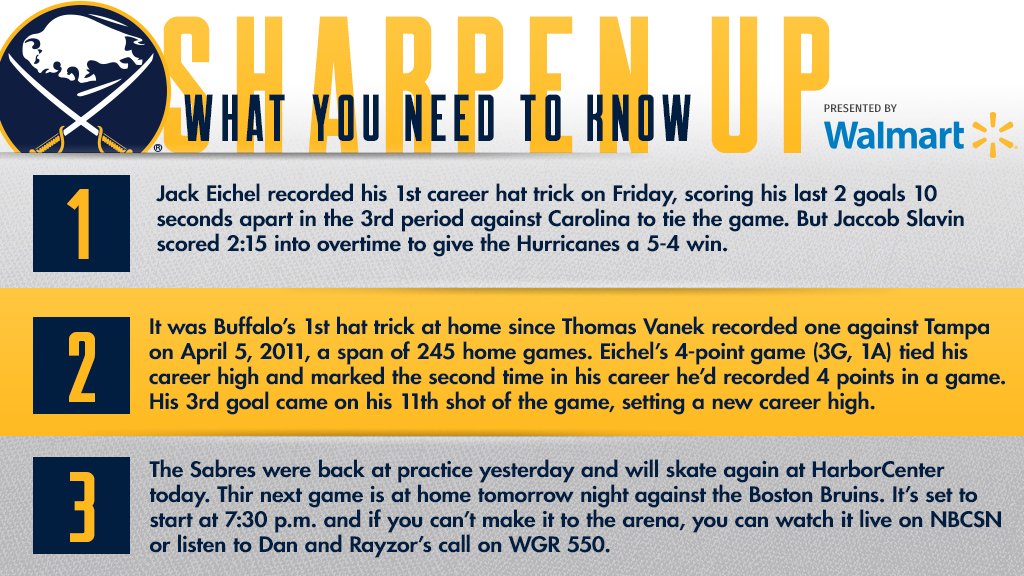 BuffaloSabres's tweet photo. A career performance from Jack Eichel - see his spectacular hat trick again - #SharpenUp 📝: https://t.co/CKVyU0g7RU https://t.co/FivhJryt8k