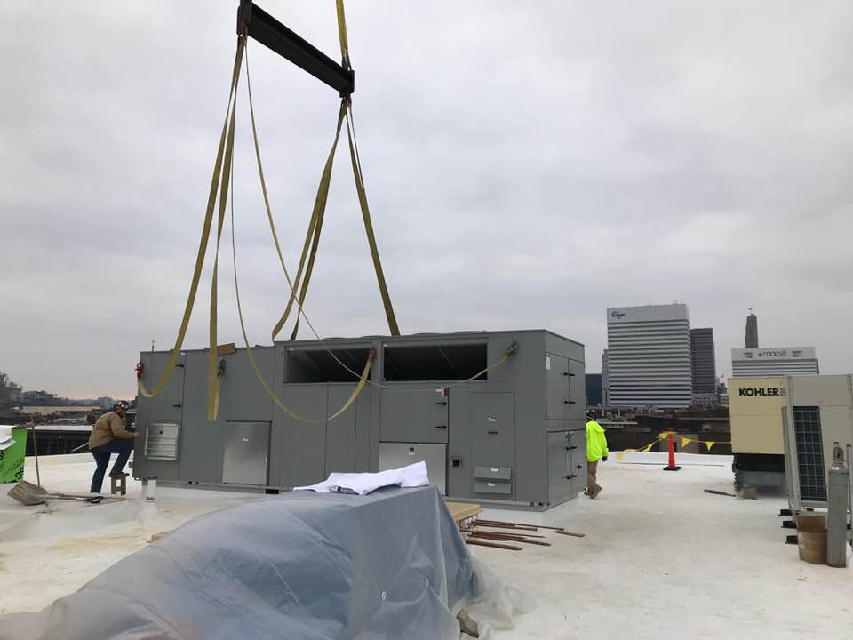 SureMechanical's tweet photo. We've hit a huge project milestone on the 15th &amp; Vine Mixed-Use Facility with the installation of the make-up air unit (MAU) and variable refrigerant condensing units (VRF)! #3CDC #TriversityConstruction https://t.co/FjAcaccAkz