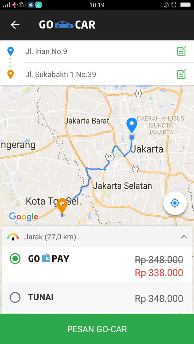 Nofian_ads's tweet photo. Apakah aplikasi @gojekindonesia sedang error,  biaya jakarta-bintaro naik go car hampir 338ribu? https://t.co/jc1gY77tB5