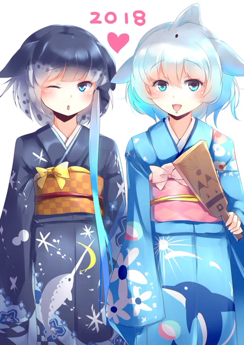 着物イッカクちゃんと着物ドルカちゃんらくがき 年賀絵のための練習 #けものフレンズ 