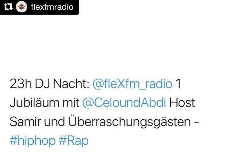 fleXfm_radio's tweet photo. Jubilรคumssendung โ1JahrFleXFMโ mit Samir ab 23Uhr auf @_radiox
๐๐ป๐ก
Heute zu Gast @CeloundAbdi mit vielen รberraschungsgรคsten
๐ https://t.co/GYRR02rHMI
๐ป 91.8 FM / Kabel 99.85
#eswirdgeFLEXt https://t.co/mcuQbKHFaH