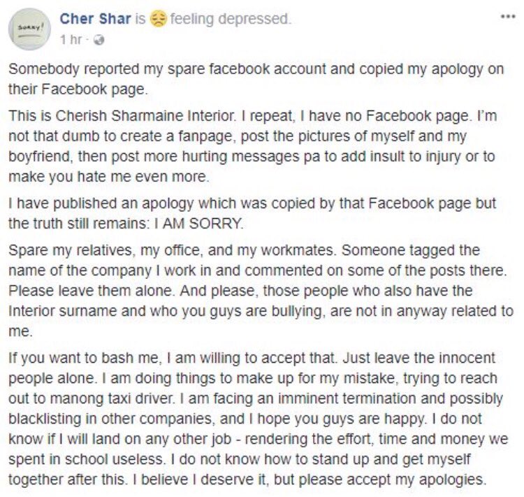 deasmendoza's tweet image. I feel bad for Cherish Sharmaine Interior, but if we don't scrutinize bad behaviors in our society, we will become equally responsible for every human being slapped for petty reasons.