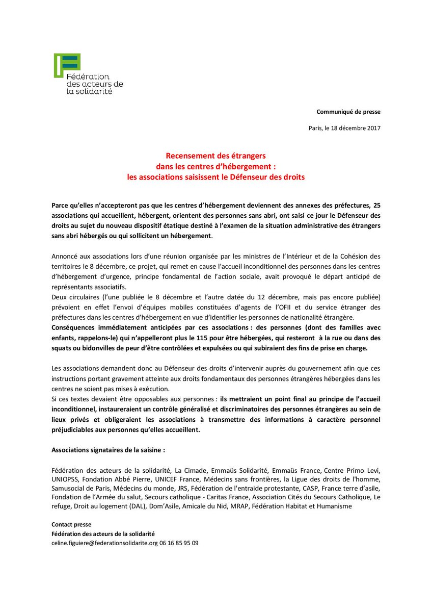 Parce qu’elles n’accepteront pas que les centres d’hébergement deviennent des annexes des préfectures, 25 associations qui accueillent, hébergent, orientent des personnes sans abri, ont saisi ce jour le <a href="/Defenseurdroits/">Défenseur des droits</a> #TousMigrants #EGMigrations bit.ly/2ATMZz8