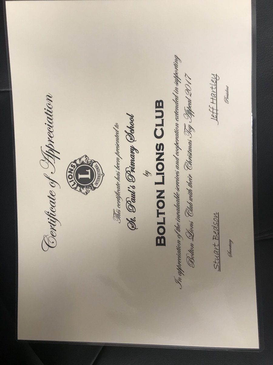 <a href="/BoltonLions/">Bolton Lions Charity</a> Thanks for our certificate. Glad to be part of such a worthy cause, collecting toys for the Christmas Toy Appeal 2017 🎄
