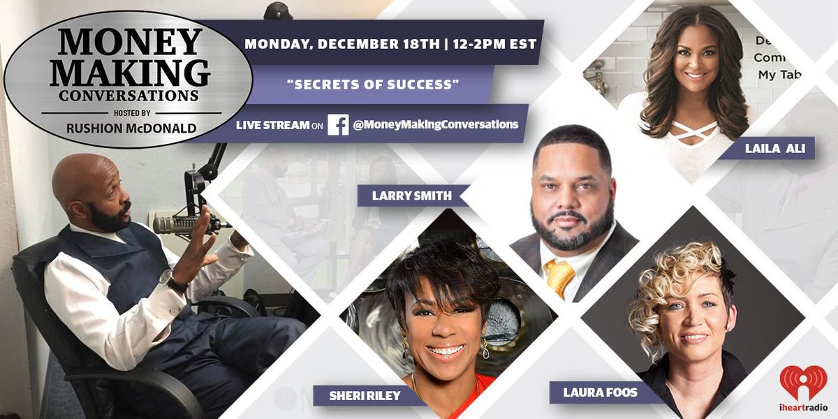 RushionMcDonald's tweet photo. It's almost time to hear from world champion boxer & wellness expert,, @TheRealLailaAli, CEO of #gfivecultivation, #LarrySmith, #LauraFoos of @Foos_Couture, and speaker & author, @SheriRiley. Join us soon at https://t.co/xvAvANbXQU #AskMMC #business #success #goals #career https://t.co/IzRt6FhxNZ