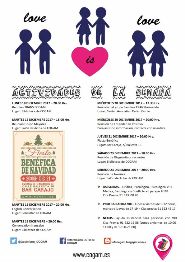 Actividades de COGAM para esta semana, animaos a venir a nuestra fiesta benéfica el próximo día 21! <a href="/COGAM/">COGAM</a> <a href="/Trans_COGAM/">Trans Cogam</a> <a href="/Mayores_COGAM/">Mayores_COGAM</a> <a href="/Jovenes_COGAM/">Jóvenes COGAM</a>