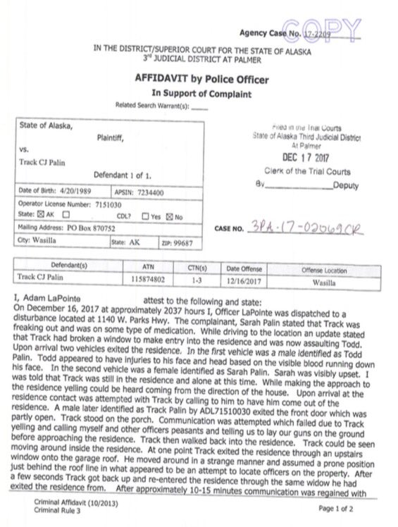 RiveraReports's tweet image. UPDATE on story @ktva broke yesterday--court docs outline what happened at @SarahPalinUSA residence: