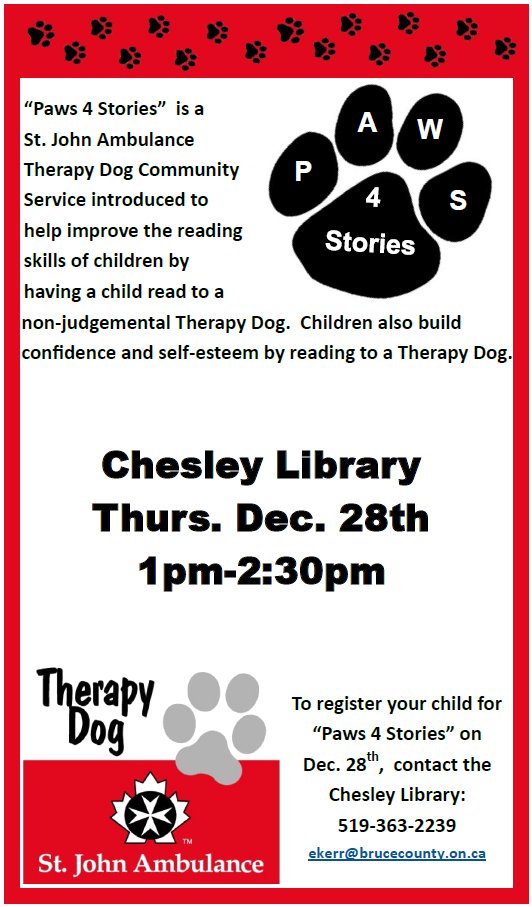 SJA_GBH's tweet photo. Do you know about "Paws 4 Stories"?  #Paws4Stories allows young children read to one of our #TherapyDogs to improve their reading skills without judgment.  If you know someone who would like to take part, contact the Chesley Library to register!  🐾#ComeRead https://t.co/iQiNqSFw7r