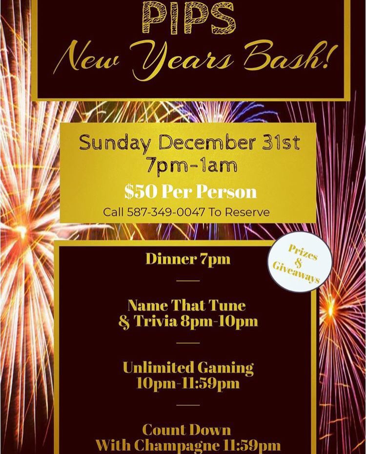 PIPSbgc's tweet image. Pips New Years Eve Bash!!! Join us for a fun filled evening. Ring in 2018 playing with your food. $50 includes dinner, Name That Tune, Trivia, unlimited gaming &amp;amp; of course champagne! #yyc #mardaloopliving  #eventsyyc #yycnewyears #intheloop
