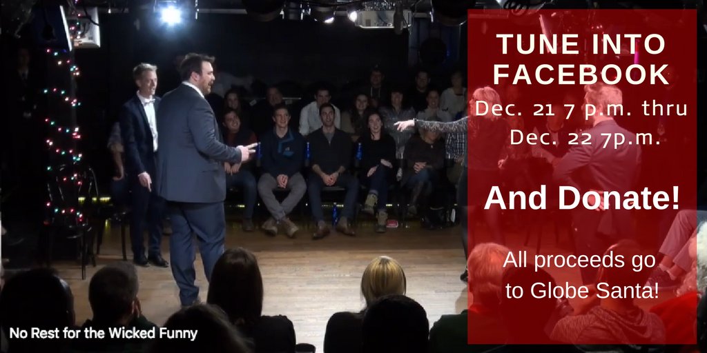 MediaBossTV's tweet photo. Less than a week away from @ImprovAsylum #NoRest2017 improv show! Can't make it out? Tune into their Facebook page and watch our 24-hour live stream of the FUNNY. Watch, Laugh, Donate. All proceeds go to Globe Santa! https://t.co/hztCI2EWAo #spiritofgiving https://t.co/YTv77RoSjk