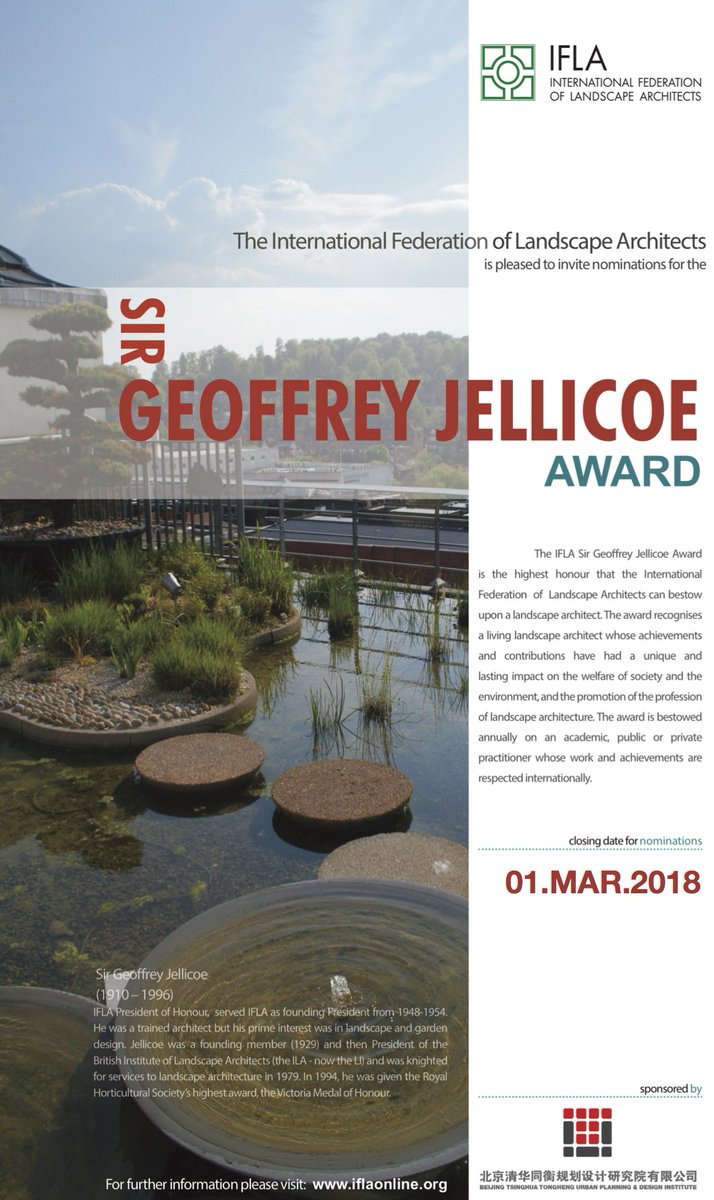 Call for Nominations for the IFLA Sir Geoffrey Jellicoe Award 2018 is now open.  
iflaonline.org/award2018/