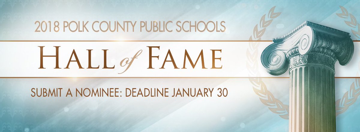 PolkSchoolsNews's tweet photo. We are seeking nominations for the 2018 Polk County Public Schools Hall of Fame. The HOF recognizes former students from our schools who have gone on to distinguish themselves in their careers or communities. Get more info and nomination forms here: https://t.co/ZjuxZfYc8d. https://t.co/X19KyEO4Zq