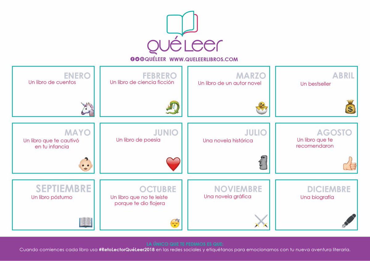 QueLeer's tweet photo. #RetoLectorQuéLeer2018 📖🤓No olvides descargarlo y organizarte, aún estás a tiempo https://t.co/59rdni2TZn