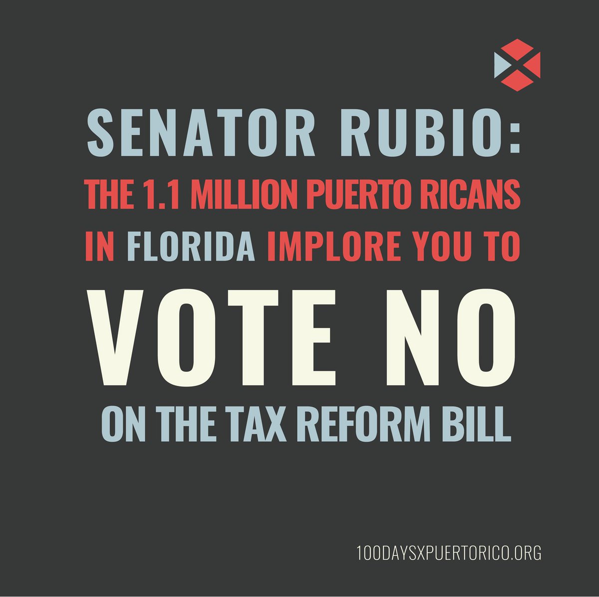 100daysXPUR's tweet photo. Call @marcorubio and demand that he votes NO on the Tax Reform Bill. If he can stand up for the Child Tax Credit he can stand up for jobs in #PuertoRico. Sen. Rubio, the 1.1M Puerto Ricans in FL will take note of how you vote. https://t.co/BLd1df25UV