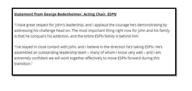 ESPNPR's tweet photo. Statement from George Bodenheimer, Acting Chair, ESPN: https://t.co/NBPLUc71Rg https://t.co/k9rxxg4LGv