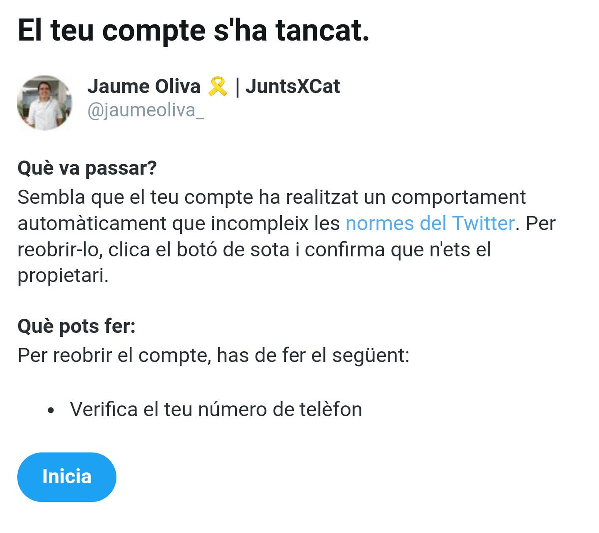 jaumeoliva_'s tweet photo. Hola @TwitterEspana. Estáis suspendiendo masivamente cuentas independentistas. ¿Hay algún motivo en especial? Gracias. https://t.co/0kW7iNtQx0