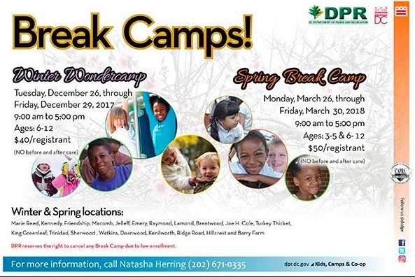DCDPR's tweet photo. #WinterBreak for @dcpublicschools starts Friday! What are you doing with your kids? Sign up your (6-12yrs old) for Winter Wondercamp Dec. 26-29 at a DC DPR rec center near you. https://t.co/4EO8BJqhpN  > search #wondercamp https://t.co/ksl0EblhG3 … … #DPRWinterFun https://t.co/F9WpXlQ25k