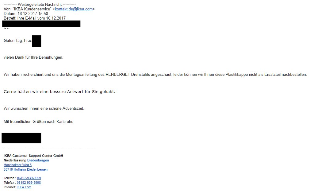 Liebes @IKEA_Presse Team: Ist es wirklich "normal", dass ich bei Defekt eines Cent-Artikels den ganzen Stuhl wegwerfen soll? Leider schon der dritte Artikel mit einem sehr ähnlichen Problem (1 Lattenrost-Element&amp;Schraube für eine Lampe) in 2 Jahren :-( Könnt ihr da gar nix tun?