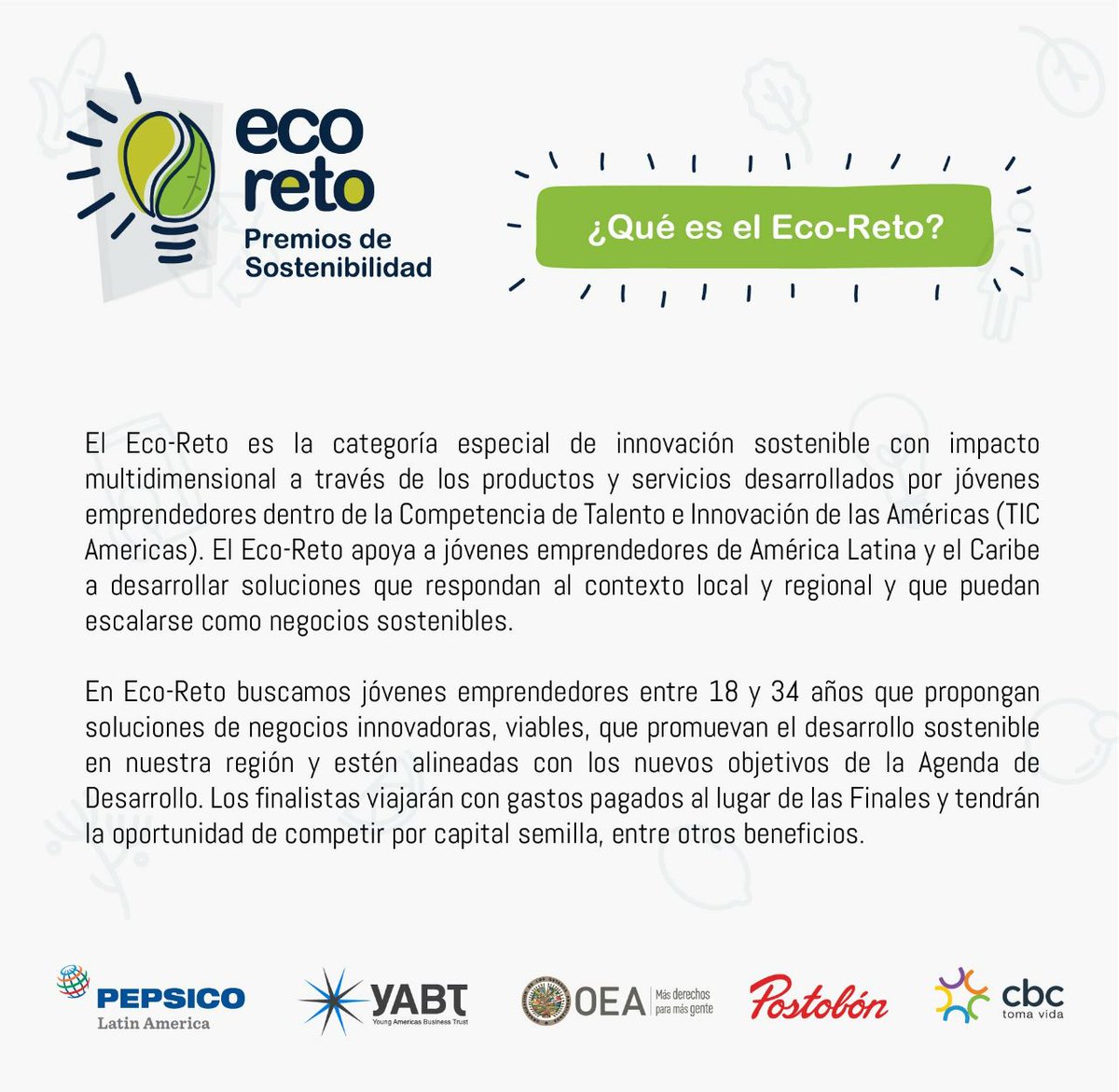 RomeroCoello's tweet photo. ¿Tienes ideas innovadoras para el desarrollo de un negocio? Participa en Eco- Reto 9.0, convocan @YABTs y @OAS_official 
Cierre hasta el 10 de enero 
Consulta bases en: https://t.co/rLZB52U9l7 https://t.co/jVnCCAlnh5