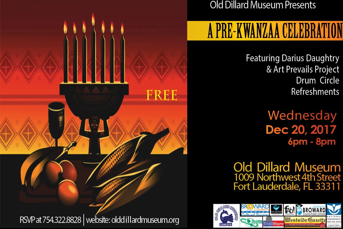Wednesday December 20th @ 6pm
Old Dillard Museum Celebrates Kwanzaa Early as We're Closed for the Holiday
An Evening of Food and Entertainment that honors the Seven Principles of Kwanzaa featuring Dariuis  Daughtry &amp; Art Prevails Project and a Drum Circle