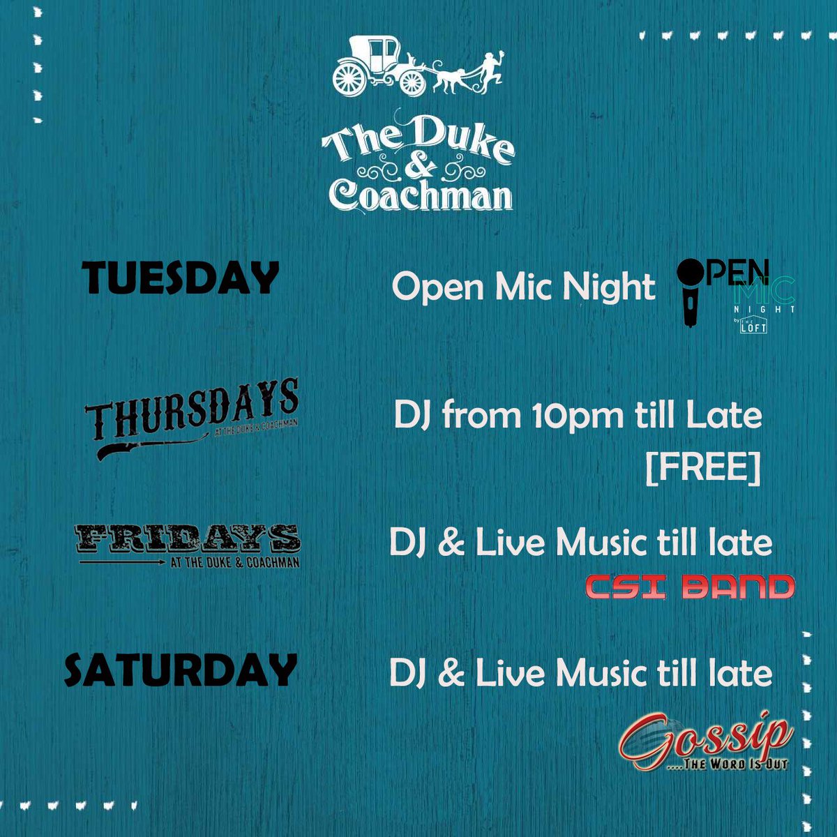 DukeAndCoachman's tweet photo. THIS WEEK @ THE DUKE &amp; COACHMAN https://t.co/QL2qbHXlbE