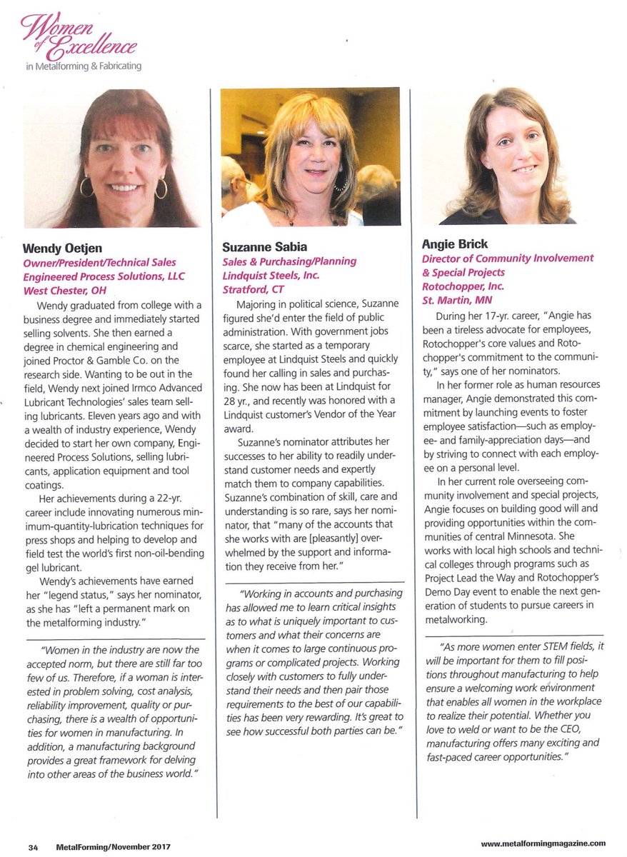 LindquistSteels's tweet image. We are very excited and honored to have our own Sue Sabia recognized as one of 2017&apos;s Women of Excellence in Metalforming &amp;amp; Fabrication. 
Sue has been integral part of Lindquist&apos;s success but also our valued customers success. She&apos;s very deserving of this honor. 
LSI